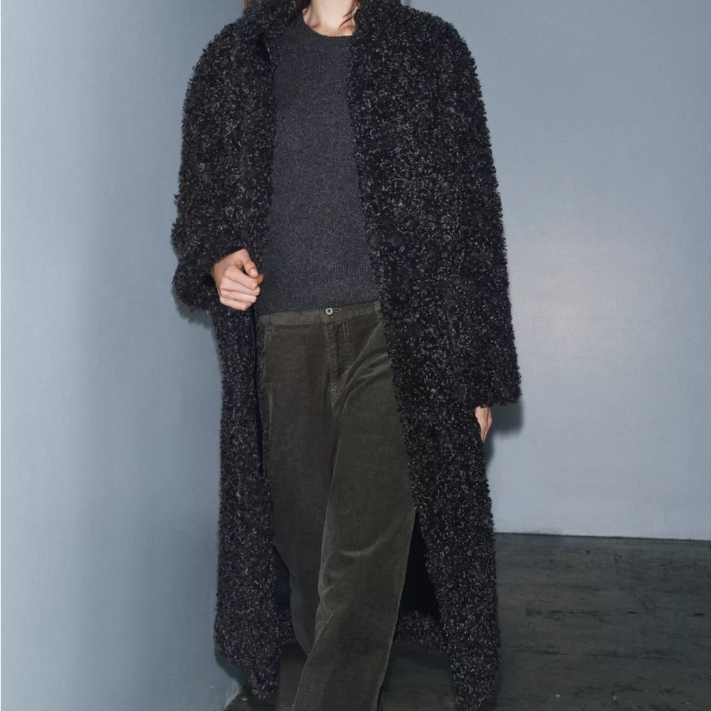 New Zara faux shearling long fleece teddy coat in taupe gray - small - Picture 4 of 11
